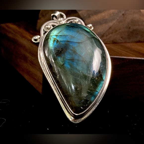 Large Vintage Labradorite Rare Blue Flash  Spectrolite 925 Gemstone Pendant - Picture 5 of 13